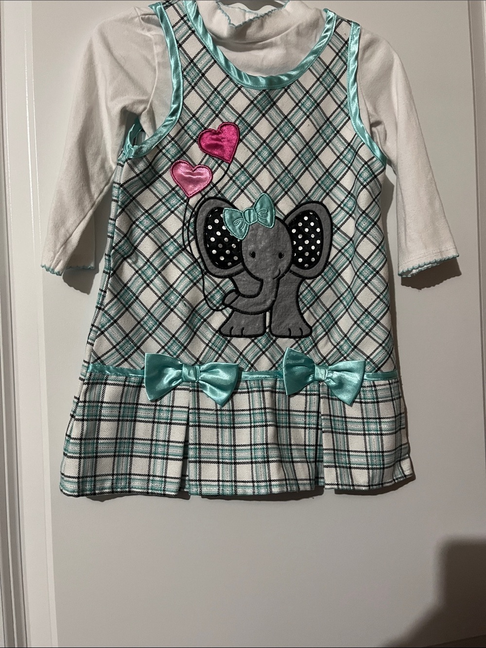 Sweet Heart Rose Plaid Tank Dress with Teal Satin Bows and Elephant Appliqué